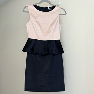 Satin peplum sheath dress black and blush